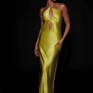 Satin Cut Out Maxi Meshki Dress - Chartreuse color